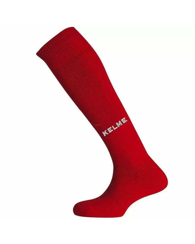 Kelme red football socks, sport and outdoor footwear, featuring breathable material and supportive fit for soccer players.