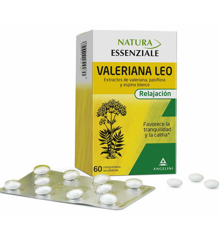 Natura Essenziale Valeriaan supplement voor slapeloosheid, 60 capsules, in een witte fles met label en capsules zichtbaar.