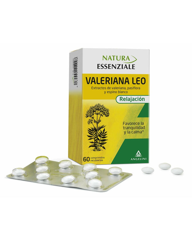 Natura Essenziale Valeriaan supplement voor slapeloosheid, 60 capsules, in een witte fles met label en capsules zichtbaar.