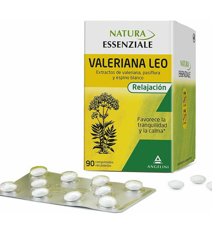 Natura Essenziale Valeriaan Leo valerian supplement 90 capsules for relaxation and sleep support, packaged in a white bottle.
