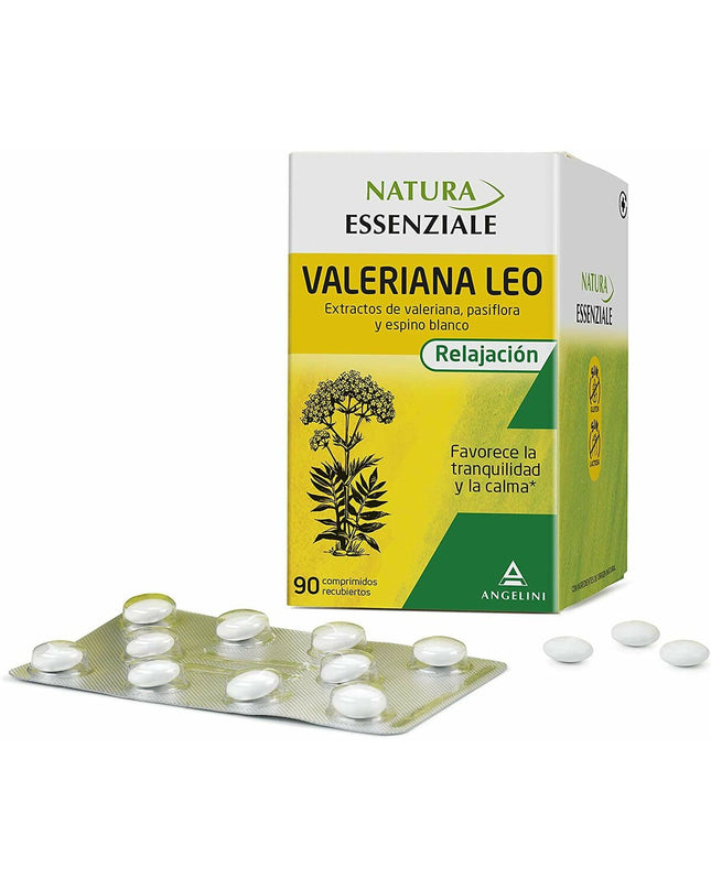 Natura Essenziale Valeriaan Leo valerian supplement 90 capsules for relaxation and sleep support, packaged in a white bottle.