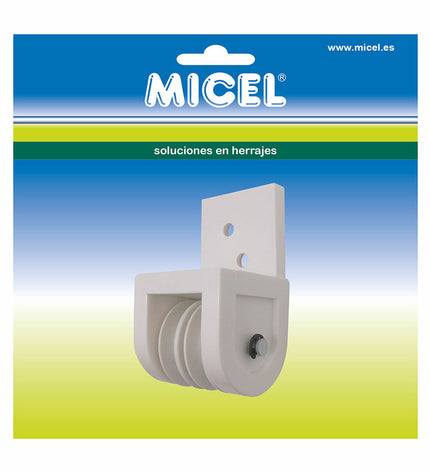 White nylon pergola pulley Micel TLD19 for outdoor garden decoration, measuring 4.3 x 4.2 x 7.8 cm, front view.