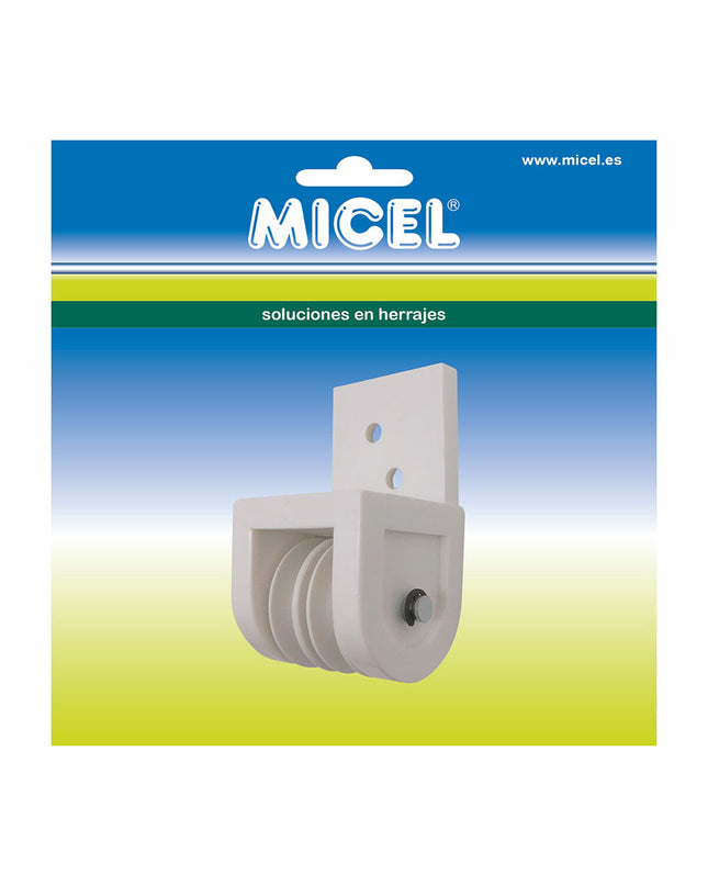 White nylon pergola pulley Micel TLD19 for outdoor garden decoration, measuring 4.3 x 4.2 x 7.8 cm, front view.