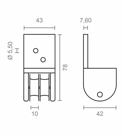 Micel nylon pergola pulley in white, front view showing dimensions 4.3x4.2x7.8 cm, outdoor garden decor accessory.