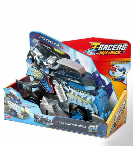 Magicbox Toys Vrachtwagen Magicbox Launcher Truck toy with race cars, colorful toy vehicle, and race track scene.