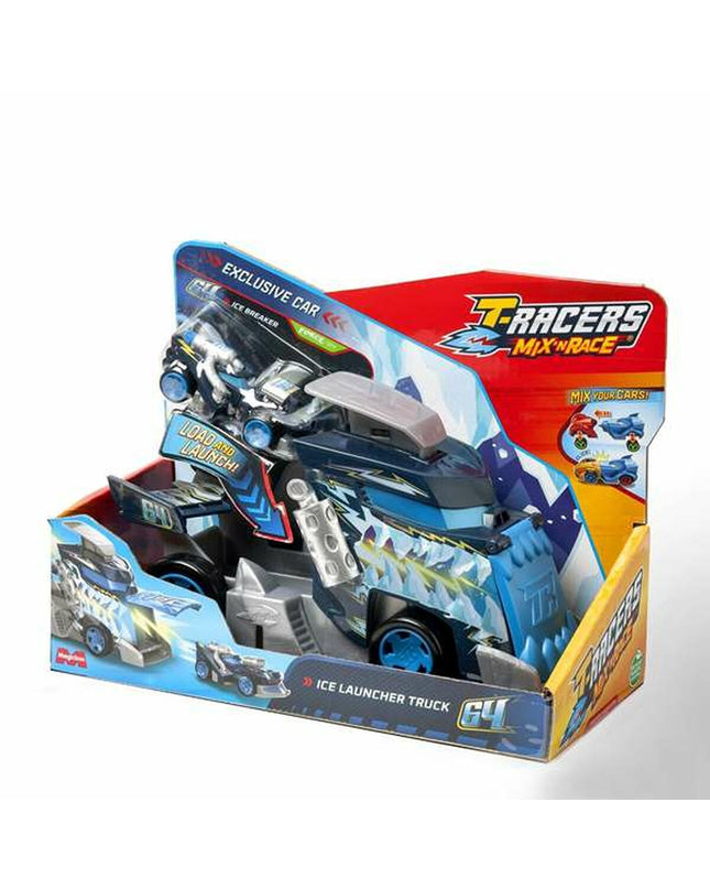 Magicbox Toys Vrachtwagen Magicbox Launcher Truck toy with race cars, colorful toy vehicle, and race track scene.