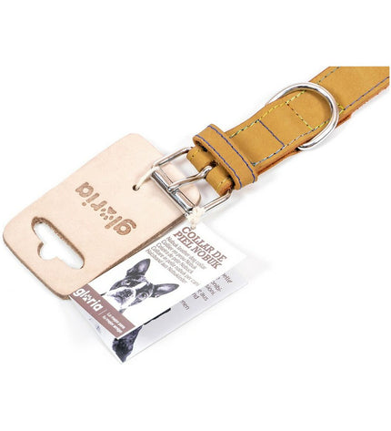 Gloria hondenhalsband Gloria Oasis geel, 70 x 3 cm, comfortabel en kleurrijk hondenaccessoire, close-up of the strap with branding.