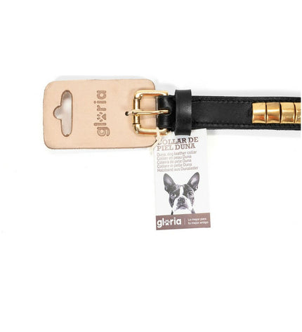 Black and gold Gloria dog collar with 35 cm adjustable strap, featuring stylish design and durable material for pets.