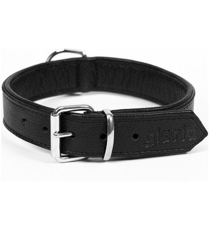 Black Gloria dog collar, 30x1.5 cm, made of durable dry-milled material, shown on a dog in a natural setting.