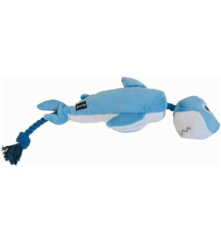 Gloria blue shark dog toy made of polyester and polypropylene, soft plush cuddle plush for dogs.