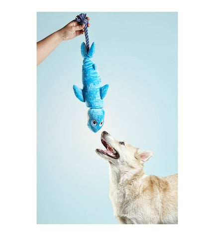 Blue Gloria dog plush toy shaped like a shark, made of polyester and polypropylene, designed for dogs to play with.