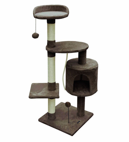 Gloria cat tree in brown wood with sisal scratching posts, measuring 40x112x40 cm, designed for feline climbing and play.