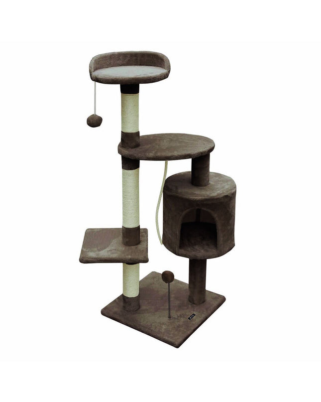 Gloria cat tree in brown wood with sisal scratching posts, measuring 40x112x40 cm, designed for feline climbing and play.