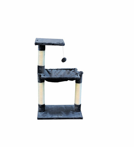 Gray Gloria cat tree with scratching posts, wood and steel structure, featuring sisal-covered scratching areas, measuring 36x50x83 cm.