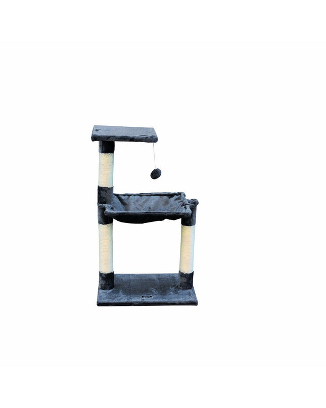 Gray Gloria cat tree with scratching posts, wood and steel structure, featuring sisal-covered scratching areas, measuring 36x50x83 cm.