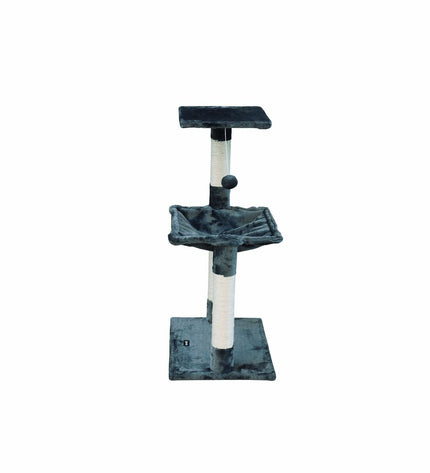 Gray Gloria cat tree with scratching posts, wood and steel structure, featuring sisal-covered posts and cozy platforms for cats.