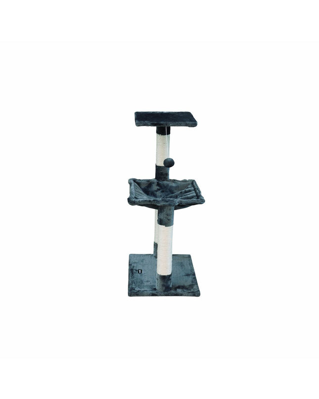 Gray Gloria cat tree with scratching posts, wood and steel structure, featuring sisal-covered posts and cozy platforms for cats.
