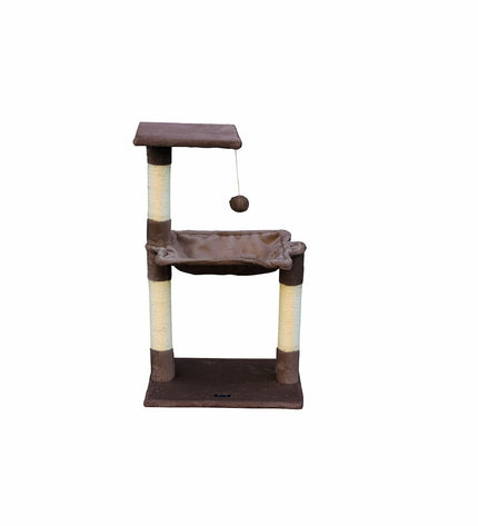 Brown Gloria cat tree with sisal scratching posts, wooden platforms, and steel supports, measuring 36x50x83 cm.