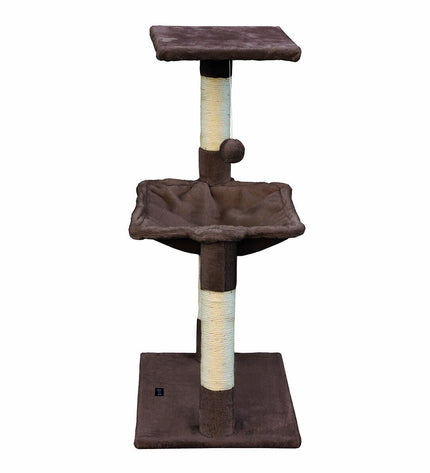 Gloria cat scratching tree in brown wood and steel with sisal scratching posts, measuring 36 x 50 x 83 cm, for feline play and exercise.