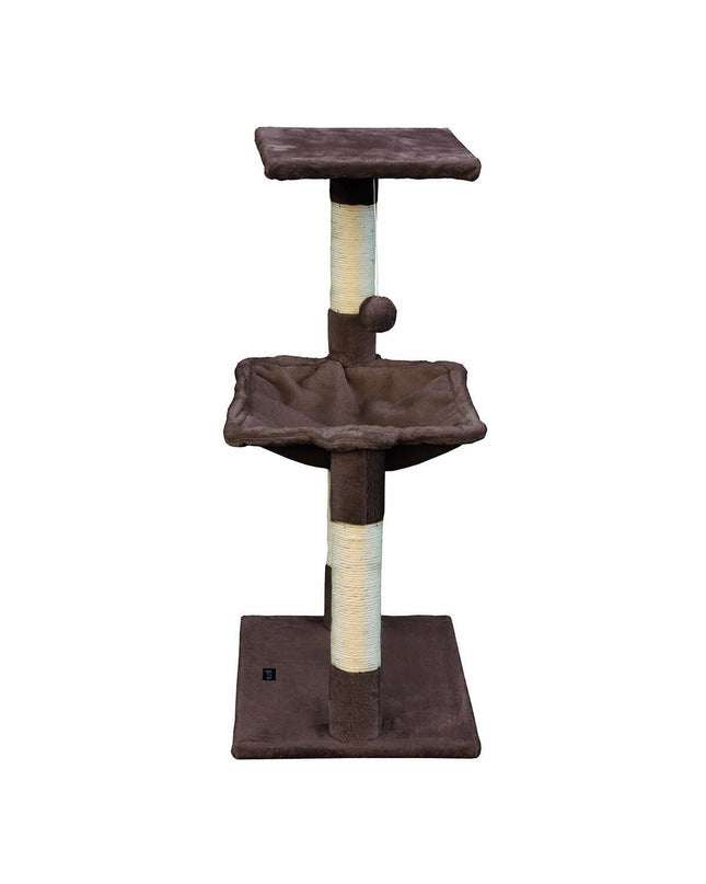 Gloria cat scratching tree in brown wood and steel with sisal scratching posts, measuring 36 x 50 x 83 cm, for feline play and exercise.