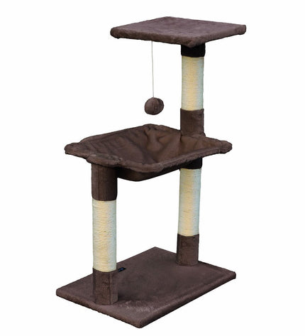 Gloria cat tree in brown wood and steel with sisal scratching posts, measuring 36x50x83 cm, designed for feline play and climbing.
