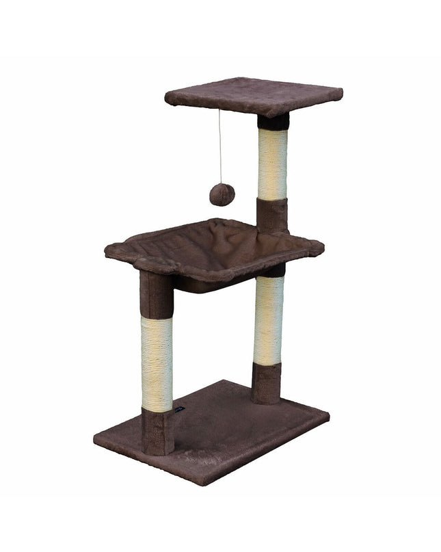 Gloria cat tree in brown wood and steel with sisal scratching posts, measuring 36x50x83 cm, designed for feline play and climbing.