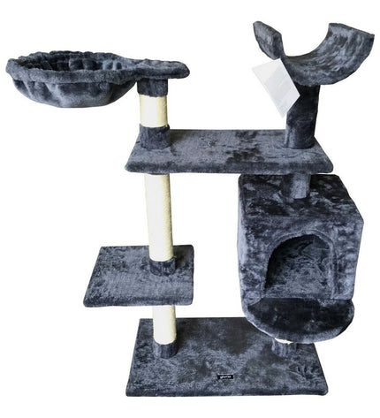 Gray Gloria cat tree with wooden posts, sisal scratching posts, and hanging paper accents, measuring 35x100x60 cm.