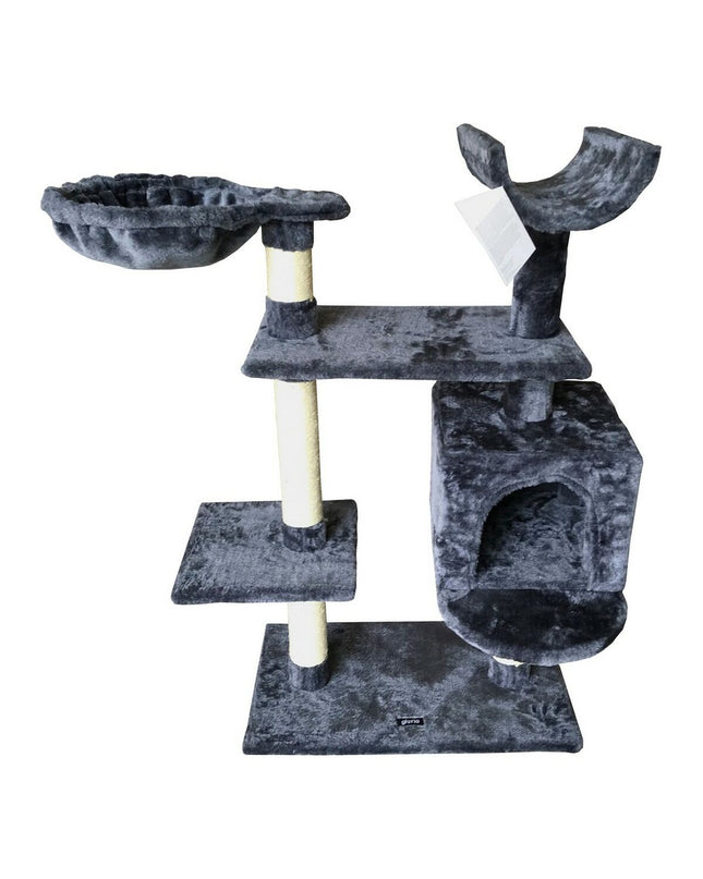 Gray Gloria cat tree with wooden posts, sisal scratching posts, and hanging paper accents, measuring 35x100x60 cm.