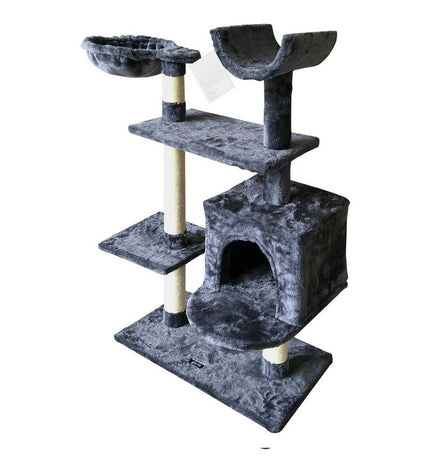 Gloria Katten Krabpaal in grijs hout with sisal and paper surfaces, 35x100x60 cm, featuring multiple levels and scratching posts.