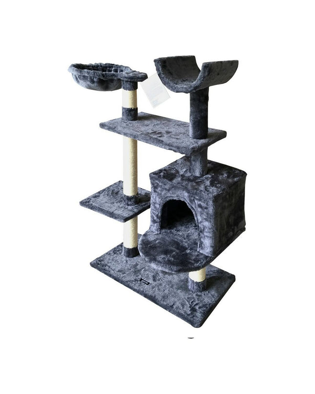 Gloria Katten Krabpaal in grijs hout with sisal and paper surfaces, 35x100x60 cm, featuring multiple levels and scratching posts.