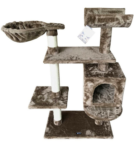Gloria Katten Krabpaal in bruin hout with sisal and paper elements, 35 x 100 x 60 cm, featuring multiple platforms and scratching posts.