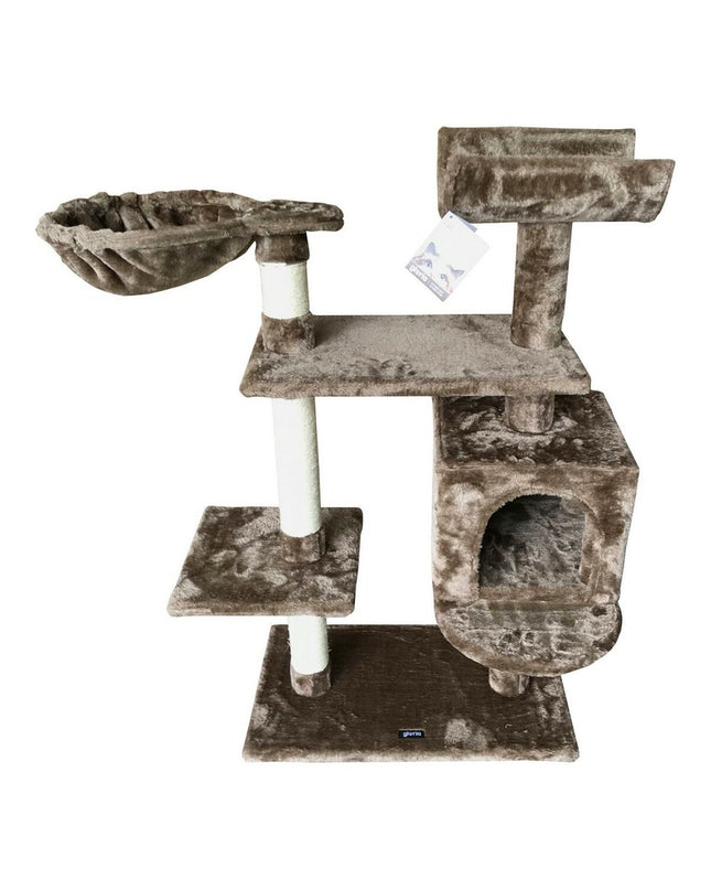 Gloria Katten Krabpaal in bruin hout with sisal and paper elements, 35 x 100 x 60 cm, featuring multiple platforms and scratching posts.