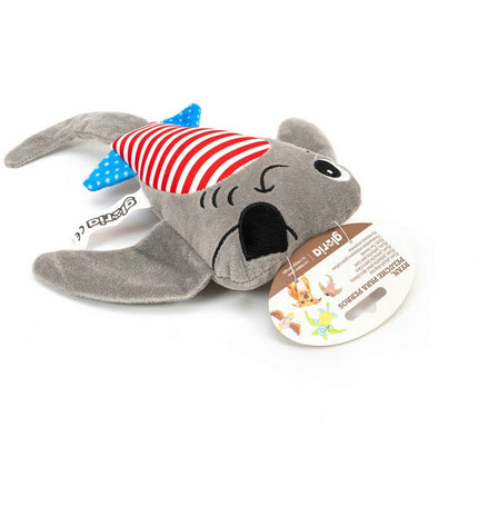 Gray Gloria dog plush toy made of polyester and polypropylene, designed for dogs to chew and play with.