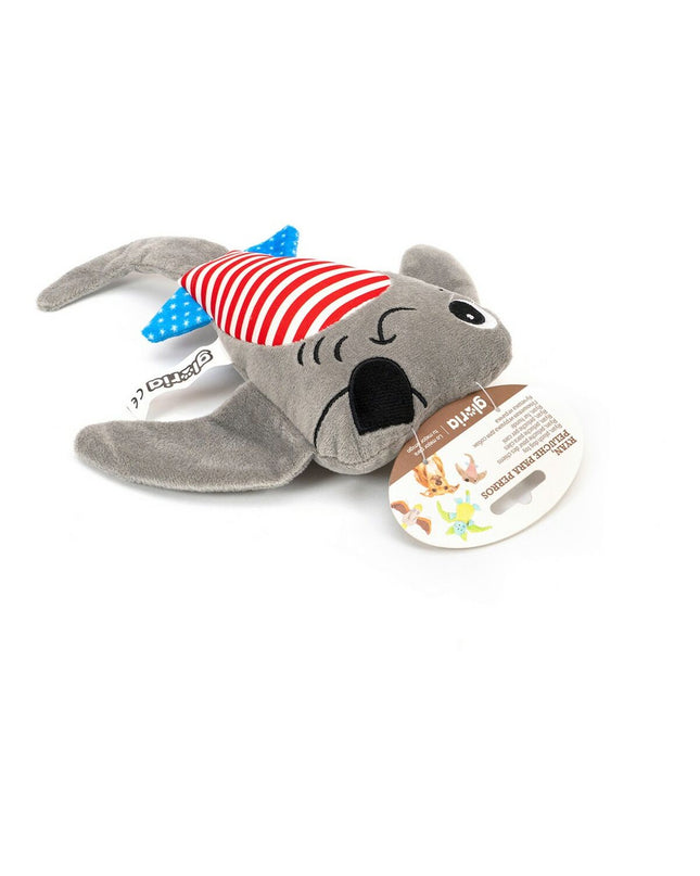 Gray Gloria dog plush toy made of polyester and polypropylene, designed for dogs to chew and play with.