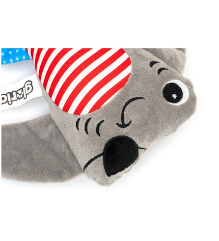 Gray plush dog cuddle toy by Gloria, made of polyester and polypropylene, designed for canine comfort and play.