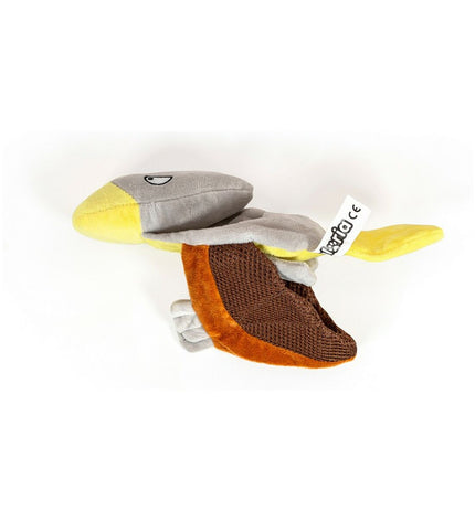 Gloria Petry brown plush dog toy in the shape of a dragon, made of polyester and polypropylene, designed for dogs.