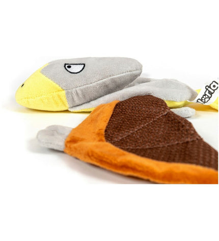 Gloria Petry brown plush dog toy in the shape of a dragon, made of polyester and polypropylene, designed for dogs.