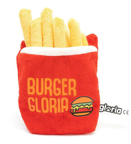 Red Gloria dog plush toy made of polyester and polypropylene, shaped like a French fry for dogs.