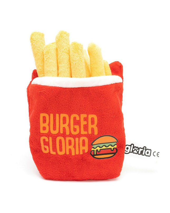 Red Gloria dog plush toy made of polyester and polypropylene, shaped like a French fry for dogs.