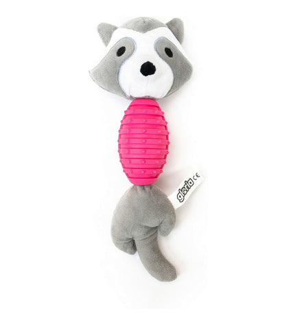 Gloria dog chew toy with sound, made of polyester, EVA rubber, and polypropylene, featuring a raccoon design for dogs.