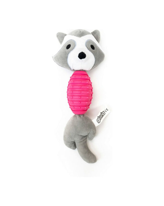 Gloria dog chew toy with sound, made of polyester, EVA rubber, and polypropylene, featuring a raccoon design for dogs.