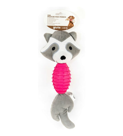 Gloria dog chew toy with sounds, made of polyester, EVA rubber, and polypropylene, resembling a raccoon for canine play.