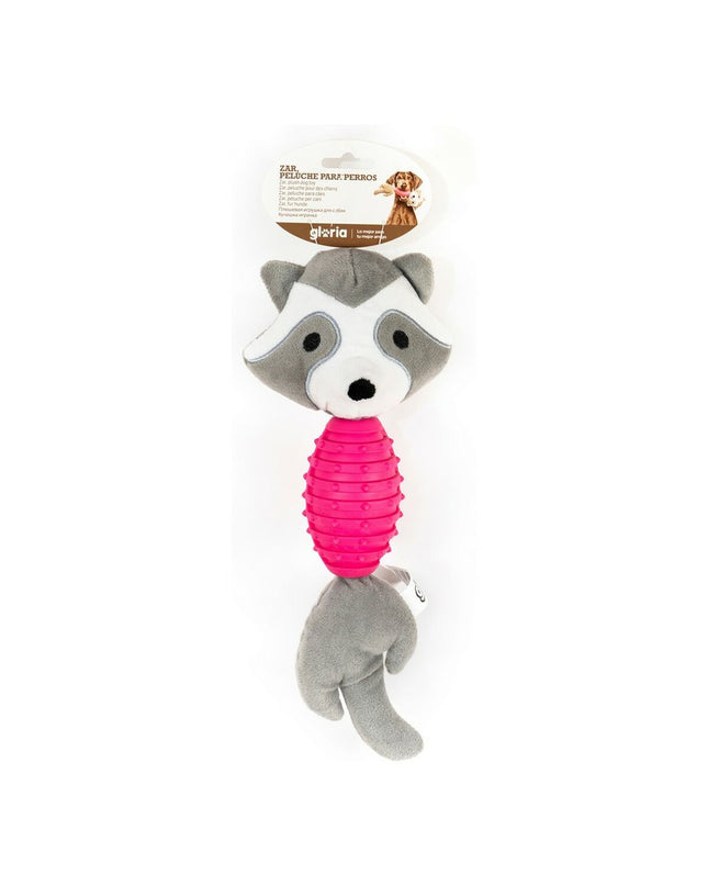 Gloria dog chew toy with sounds, made of polyester, EVA rubber, and polypropylene, resembling a raccoon for canine play.