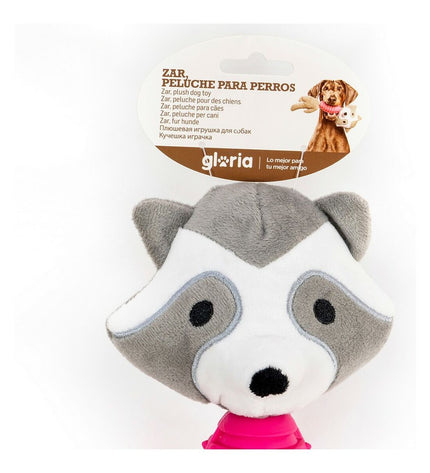 Gloria Zar dog chew toy with sound, made of polyester, EVA rubber, and polypropylene, resembles a raccoon for canine play.