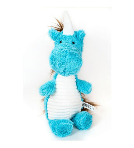 Blue Gloria dog plush toy made of polyester and polypropylene, designed for dogs to chew and play.