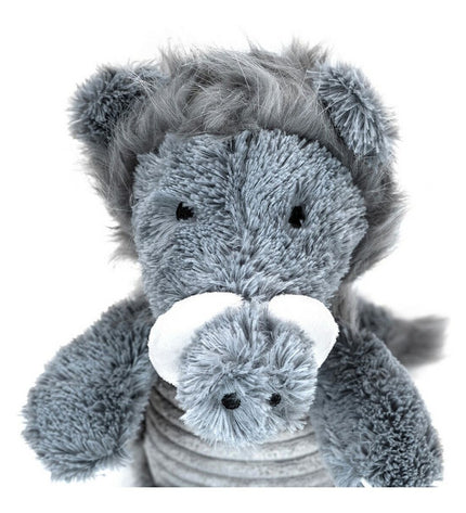 Gray Gloria dog plush toy made of polyester and polypropylene, measuring 20 x 35 cm, soft and durable for pets.