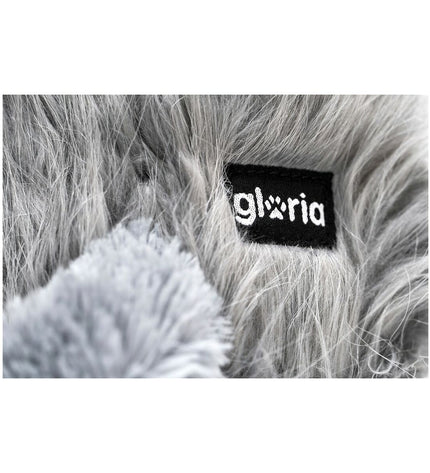 Gray Gloria dog plush toy made of polyester and polypropylene, measuring 20 x 35 cm, soft and durable for dogs.