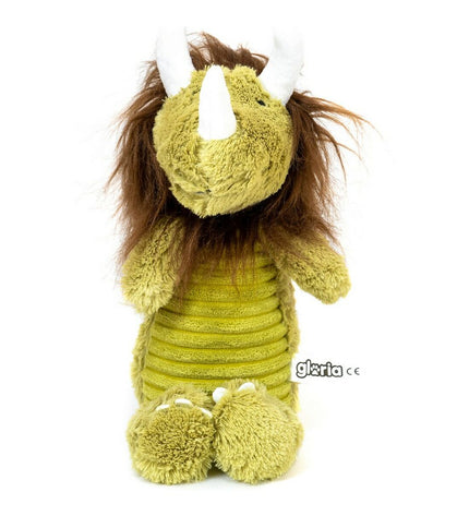 Green and ochre polyester dog plush toy from Gloria, shaped like a monster, designed for dogs to play and chew.