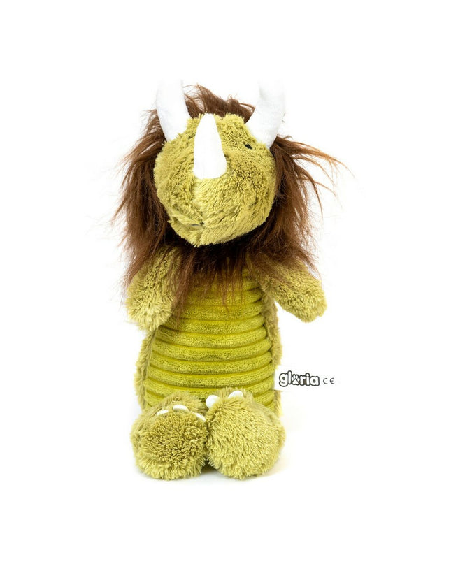 Green and ochre polyester dog plush toy from Gloria, shaped like a monster, designed for dogs to play and chew.