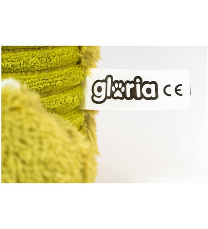 Green Gloria dog plush toy made of polyester and polypropylene, featuring a monster design for canine play and comfort.